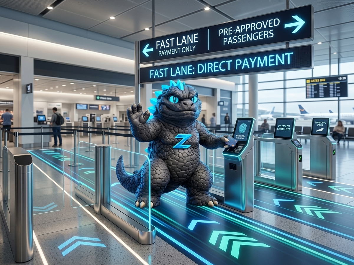 simZILLA mascot in an airport fast lane