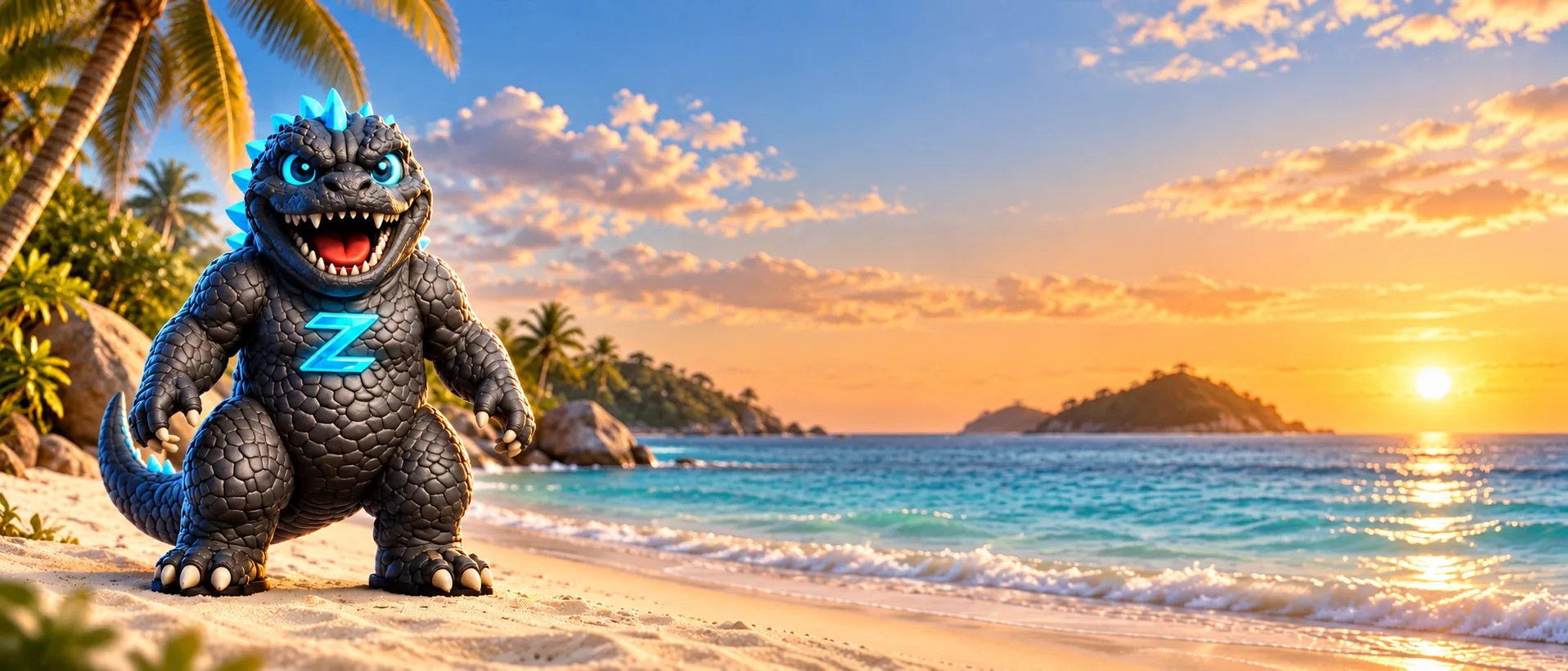 simZILLA mascot on a tropical beach at sunset