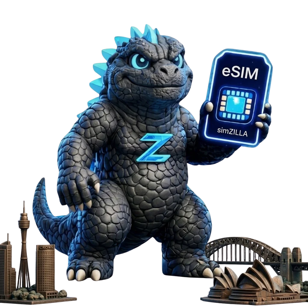 simZILLA mascot holding an eSIM, surrounded by Australian landmarks